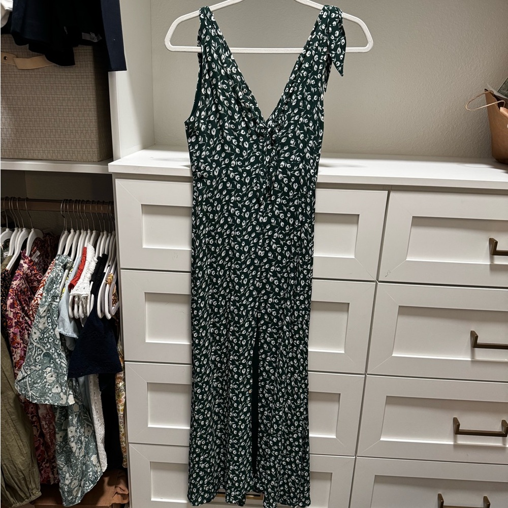 Reformation Harper midi dress in a green and white floral print with slit